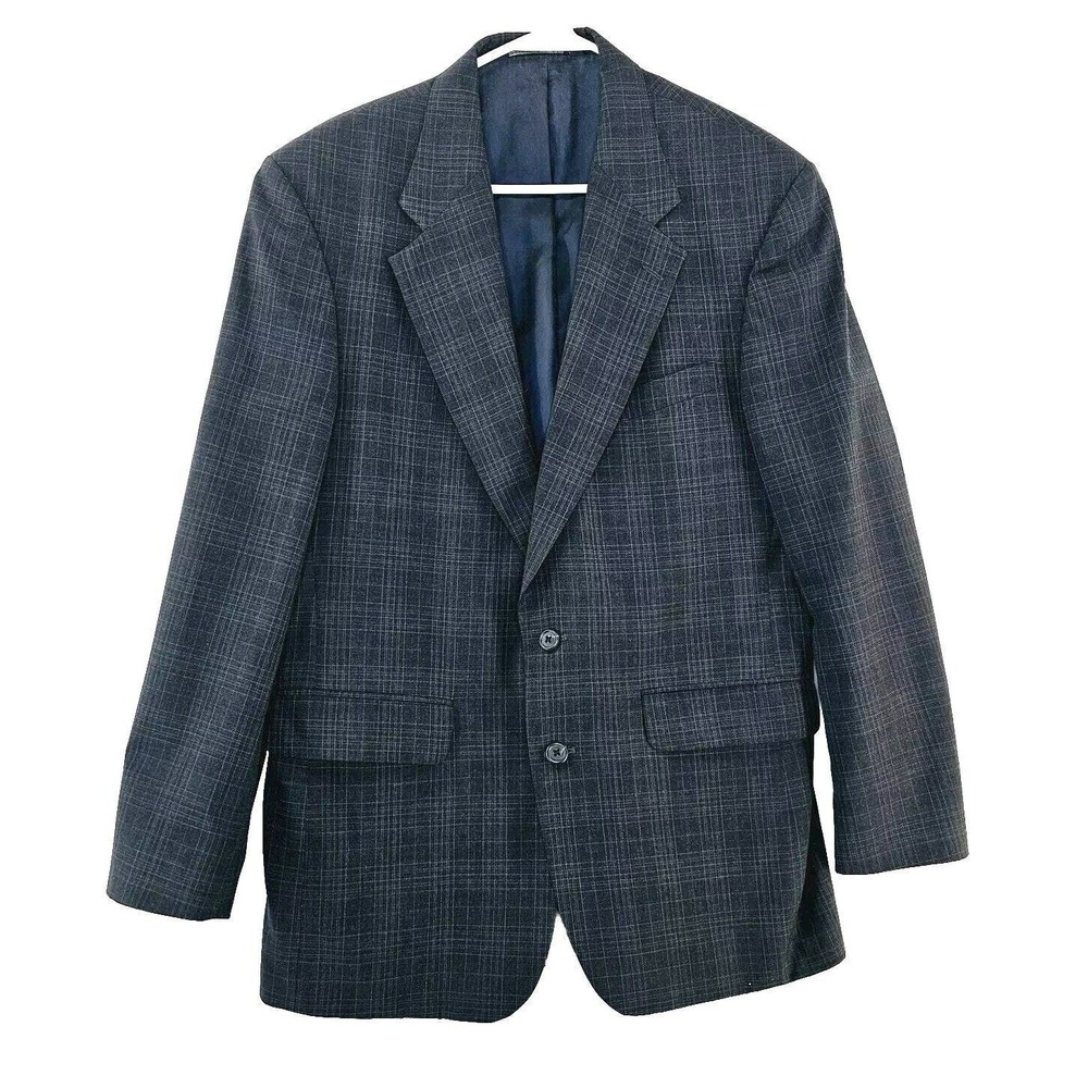 Lands' End Wool Blazer Mens 39 Regular Grey Plaid Two Button Sport Coat‎ Jacket